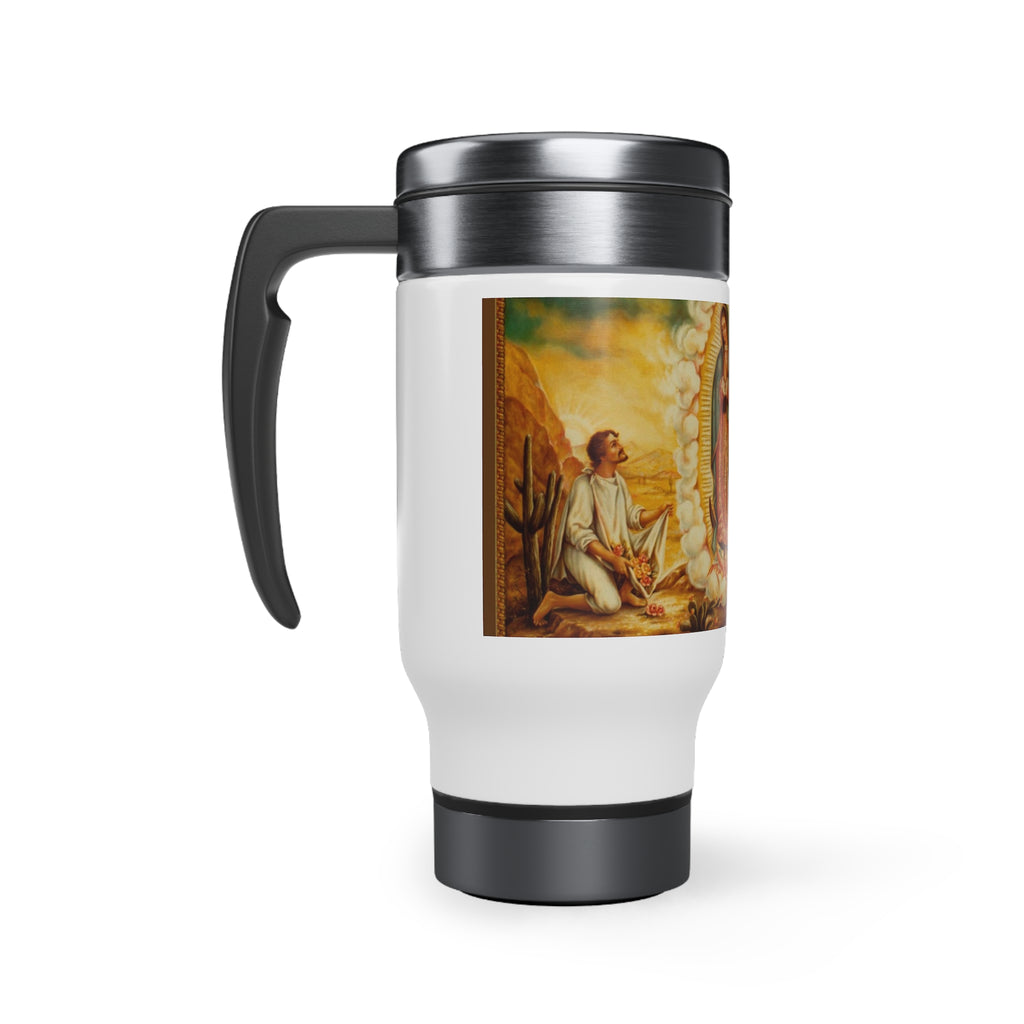 Our Lady of Guadalupe & St. Juan Diego - Stainless Steel Travel Mug with Handle, 14oz - GuadalupeRoastery