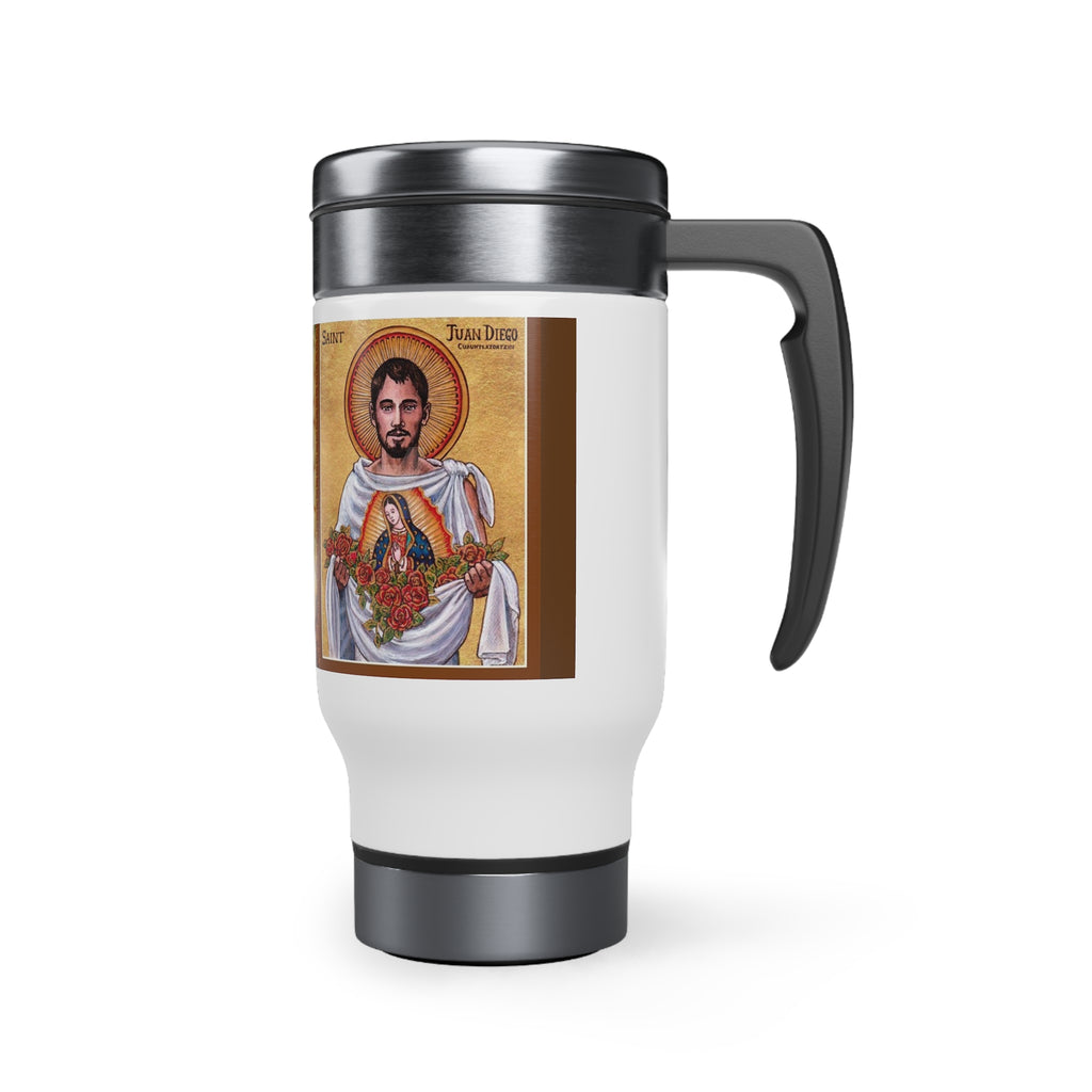 Our Lady of Guadalupe & St. Juan Diego - Stainless Steel Travel Mug with Handle, 14oz - GuadalupeRoastery
